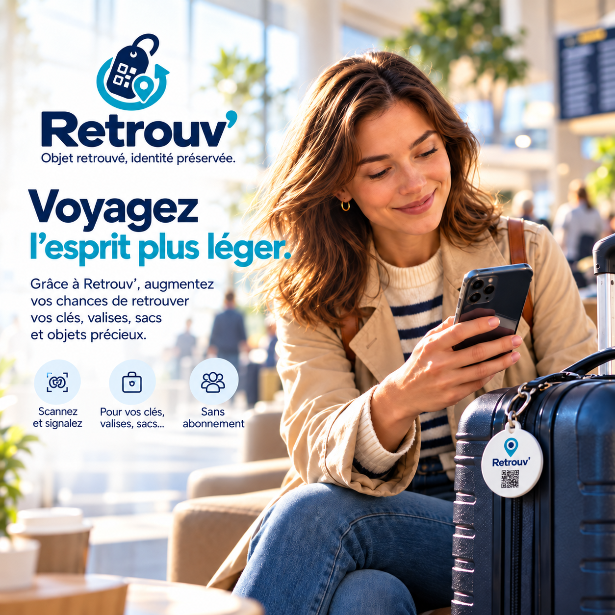 Voyagez l’esprit plus léger avec Retrouv’ : une voyageuse utilise son téléphone près de sa valise équipée d’un porte-clés QR.