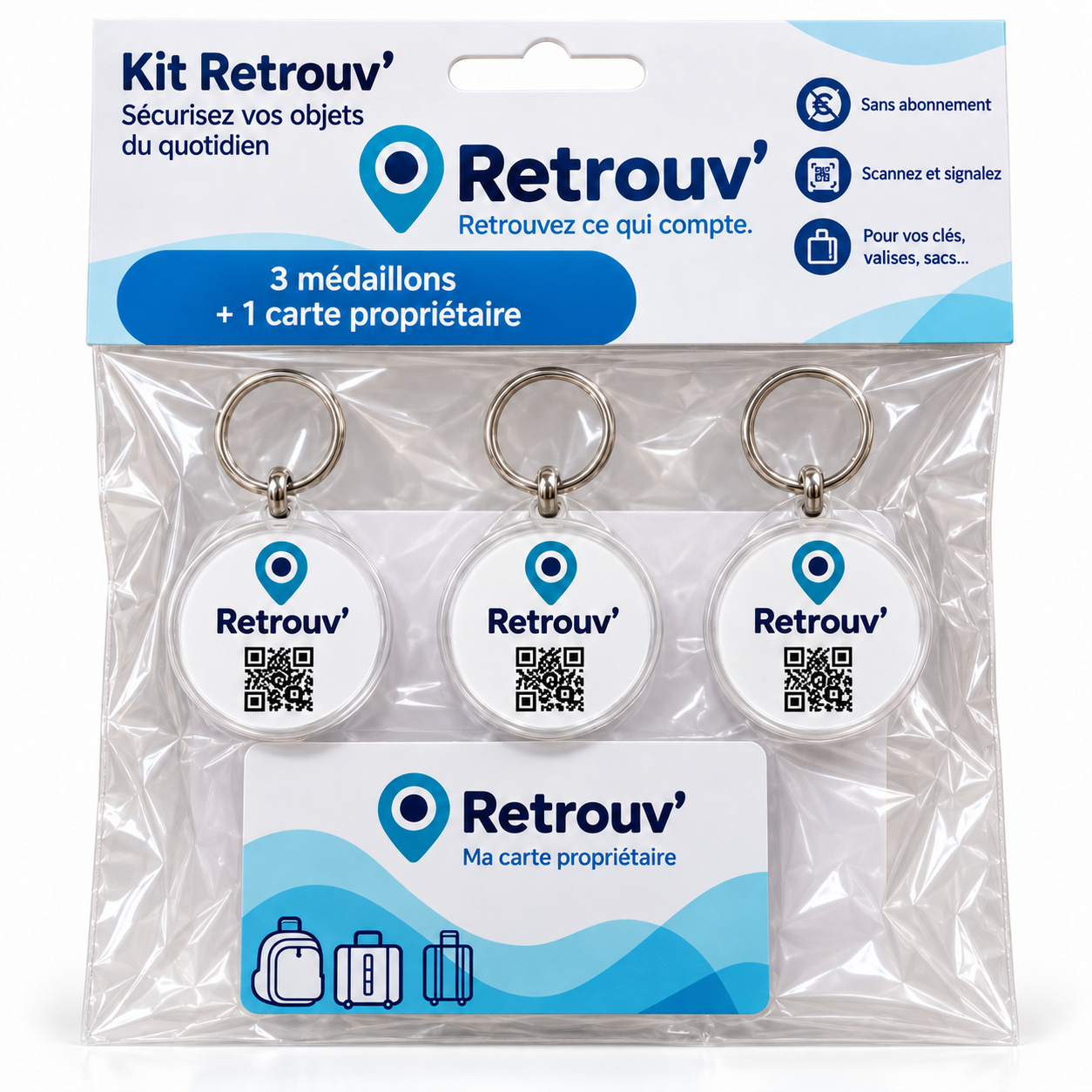 Kit porte-clés — 3 médaillons + 1 carte propriétaire